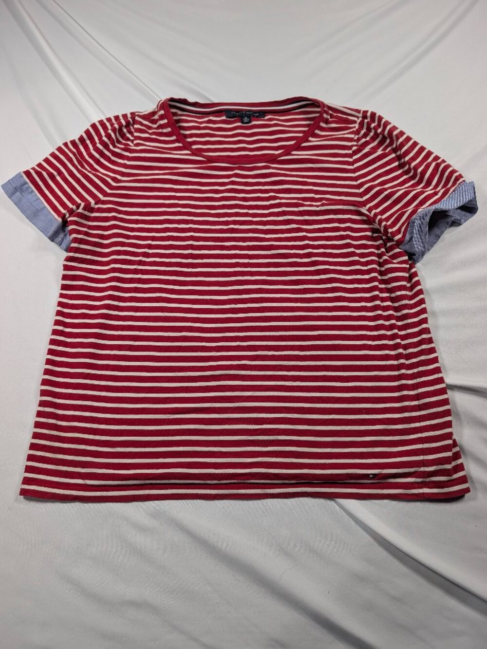 Tommy Hilfiger Womens XL Red White Striped Short Sleeve T-Shirt Cuffed Denim Sle